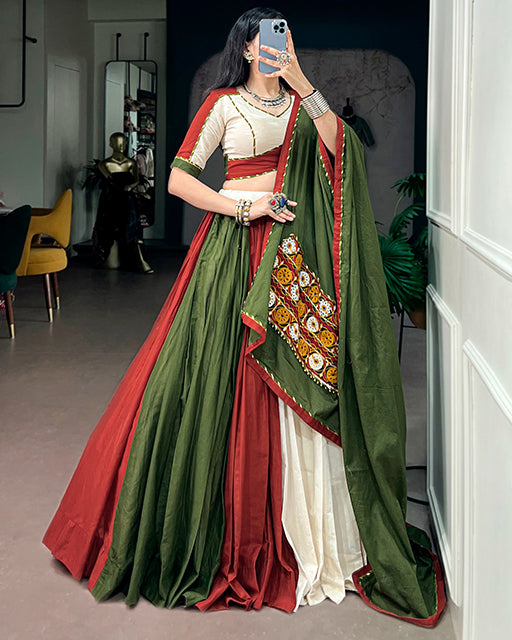 Traditional White And Maroon Color Cotton Navratri Lehenga  Set