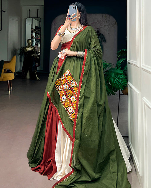 Traditional White And Maroon Color Cotton Navratri Lehenga  Set