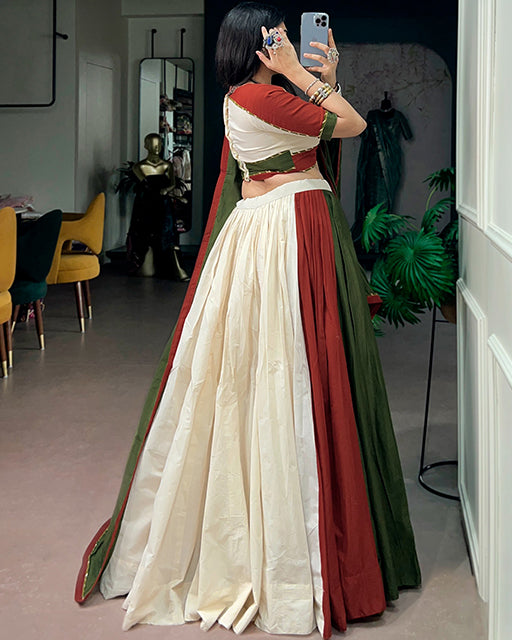 Traditional White And Maroon Color Cotton Navratri Lehenga  Set