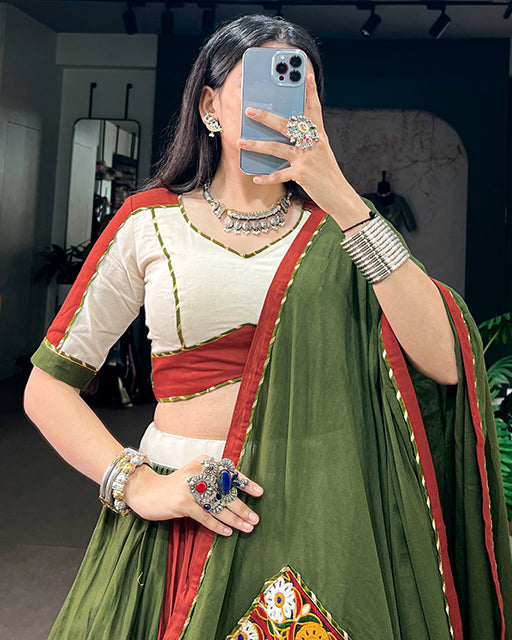 Traditional White And Maroon Color Cotton Navratri Lehenga  Set