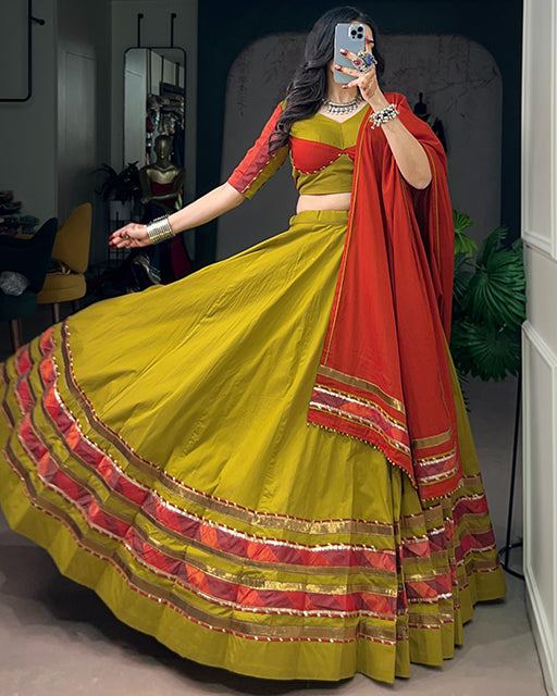 Olive Yellow Color Dhabu Cotton Navratri Lehenga  Set