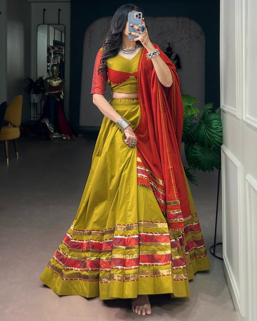 Olive Yellow Color Dhabu Cotton Navratri Lehenga  Set