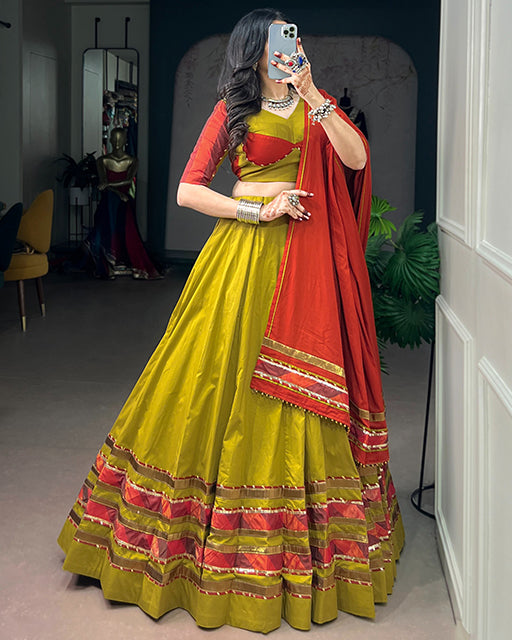 Olive Yellow Color Dhabu Cotton Navratri Lehenga  Set