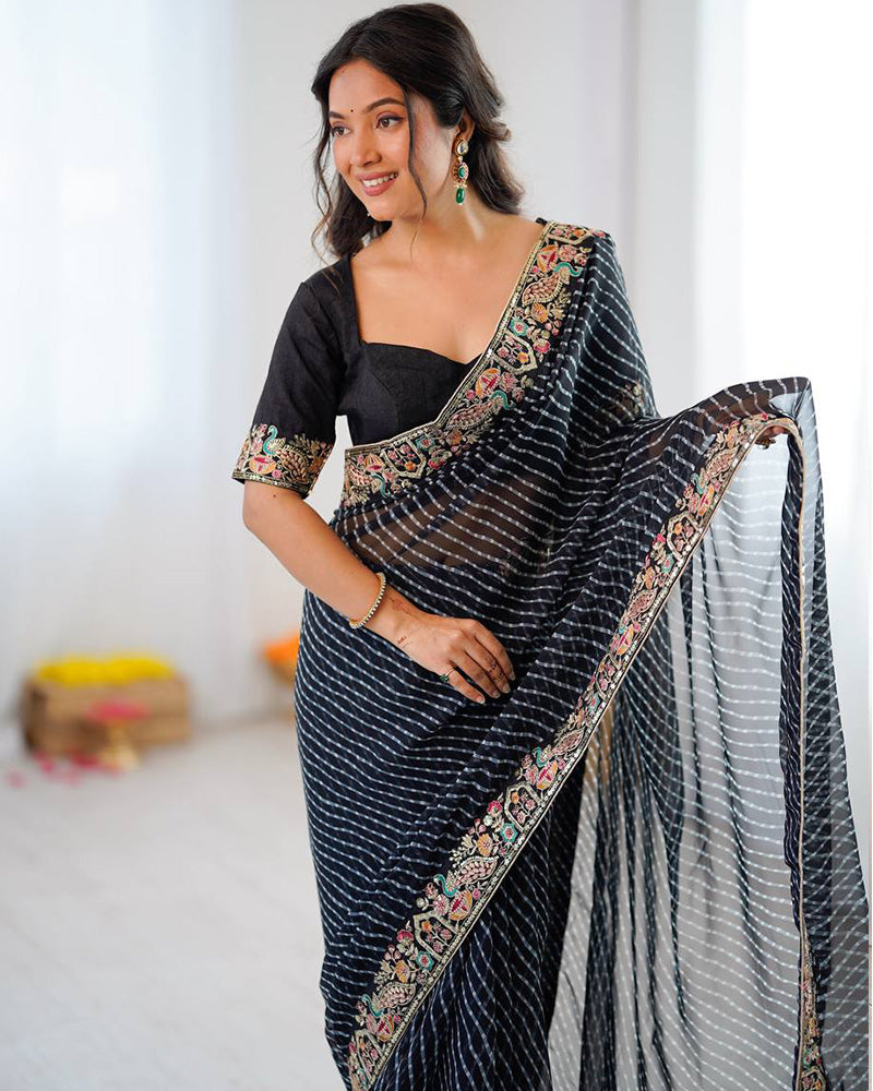 Black Color Faux Georgette Bandhej Print Saree