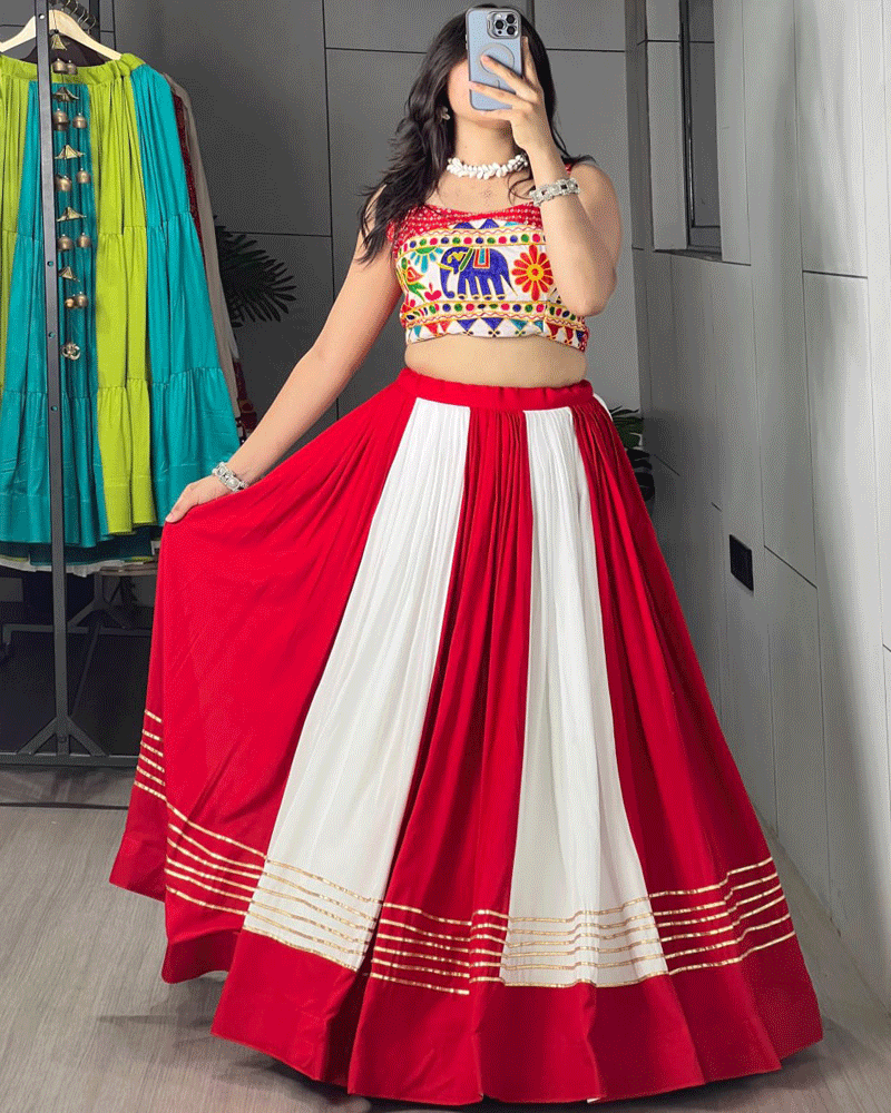 Traditional Red And White Printed Navratri Lehenga Set