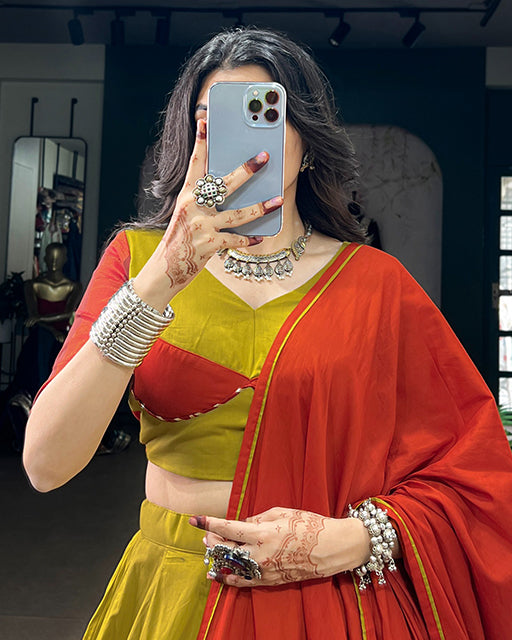 Olive Yellow Color Dhabu Cotton Navratri Lehenga  Set