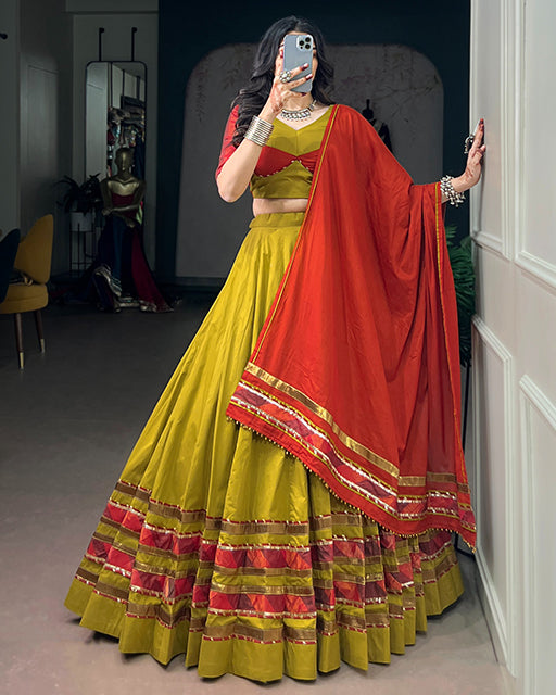 Olive Yellow Color Dhabu Cotton Navratri Lehenga  Set