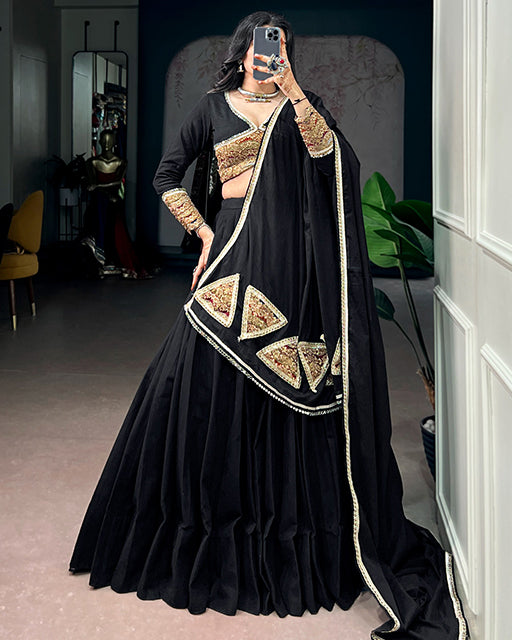 Black Color Khadi Cotton Thread Embroidered Navratri Lehenga  Set