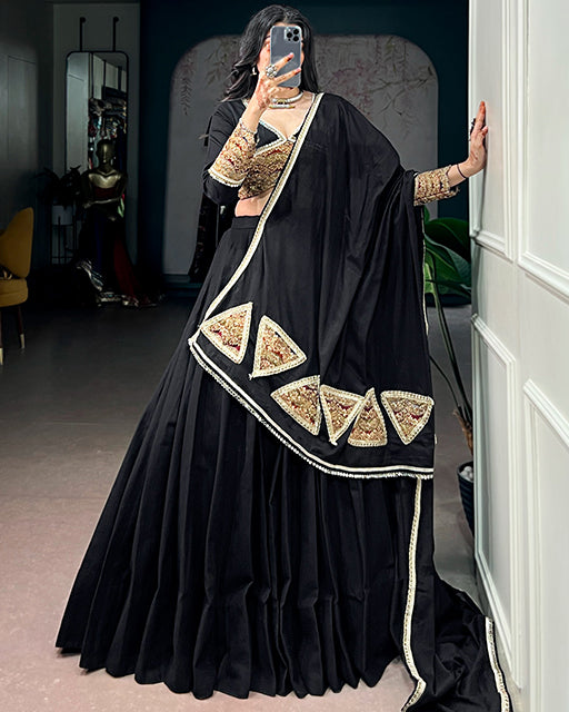 Black Color Khadi Cotton Thread Embroidered Navratri Lehenga  Set