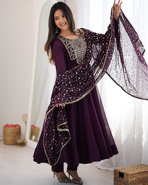 Wine  Color Pure Faux Georgette  Embroidered  Anarkali Suit