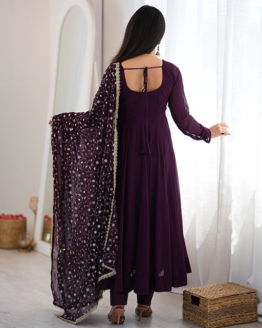 Wine  Color Pure Faux Georgette  Embroidered  Anarkali Suit