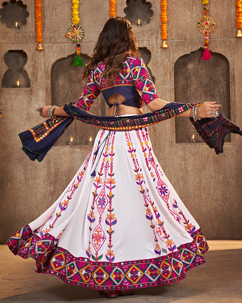 White Color Viscose Rayon Thread With Mirror Work Navratri Lehenga Choli