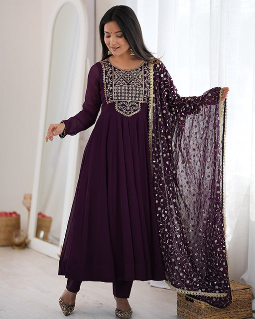 Wine  Color Pure Faux Georgette  Embroidered  Anarkali Suit