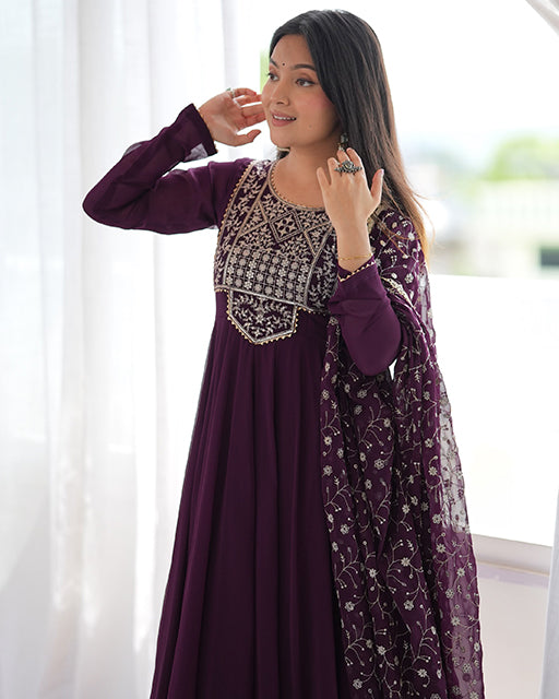 Wine  Color Pure Faux Georgette  Embroidered  Anarkali Suit