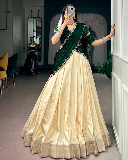 Off White Color Poly Kotha Zari Weaving Half Saree