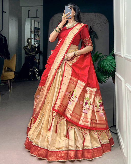 Red Color Paithani Kanchipuram Silk Zari Weaving Half Saree