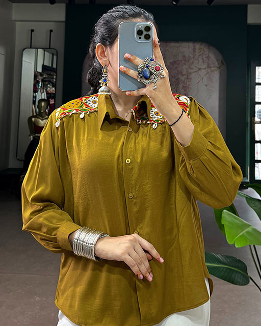 Olive Yellow Color Chinon Navratri Shirt