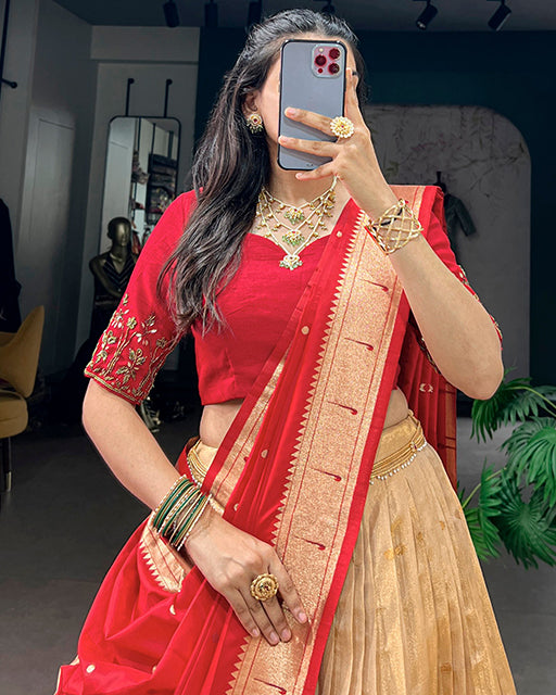 Red Color Paithani Kanchipuram Silk Zari Weaving Half Saree