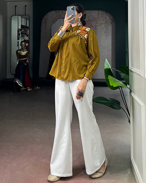 Olive Yellow Color Chinon Navratri Shirt