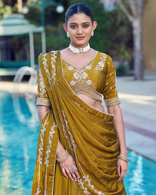 Mustard Yellow Color Rangoli Crush Embroidered Lehenga Choli