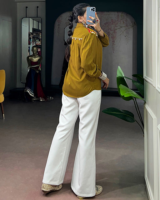 Olive Yellow Color Chinon Navratri Shirt
