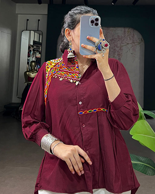 Maroon Color Chinon Navratri Shirt