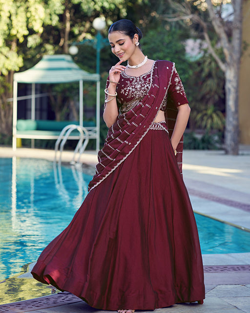 Wine Color Rangoli Crush Embroidered Lehenga Choli