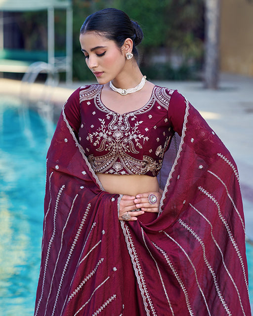 Wine Color Rangoli Crush Embroidered Lehenga Choli