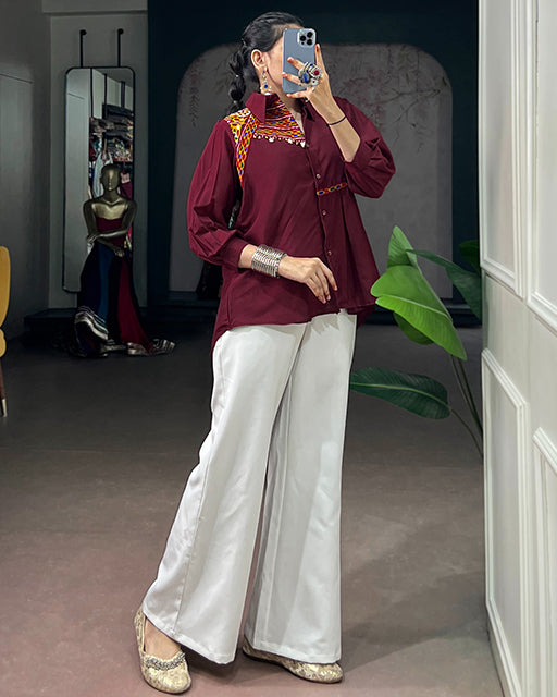 Maroon Color Chinon Navratri Shirt