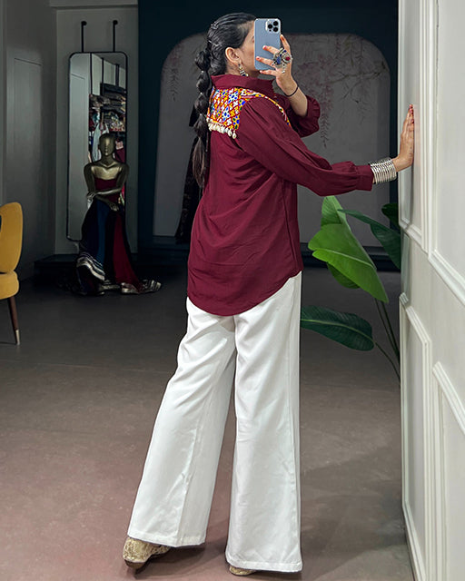 Maroon Color Chinon Navratri Shirt