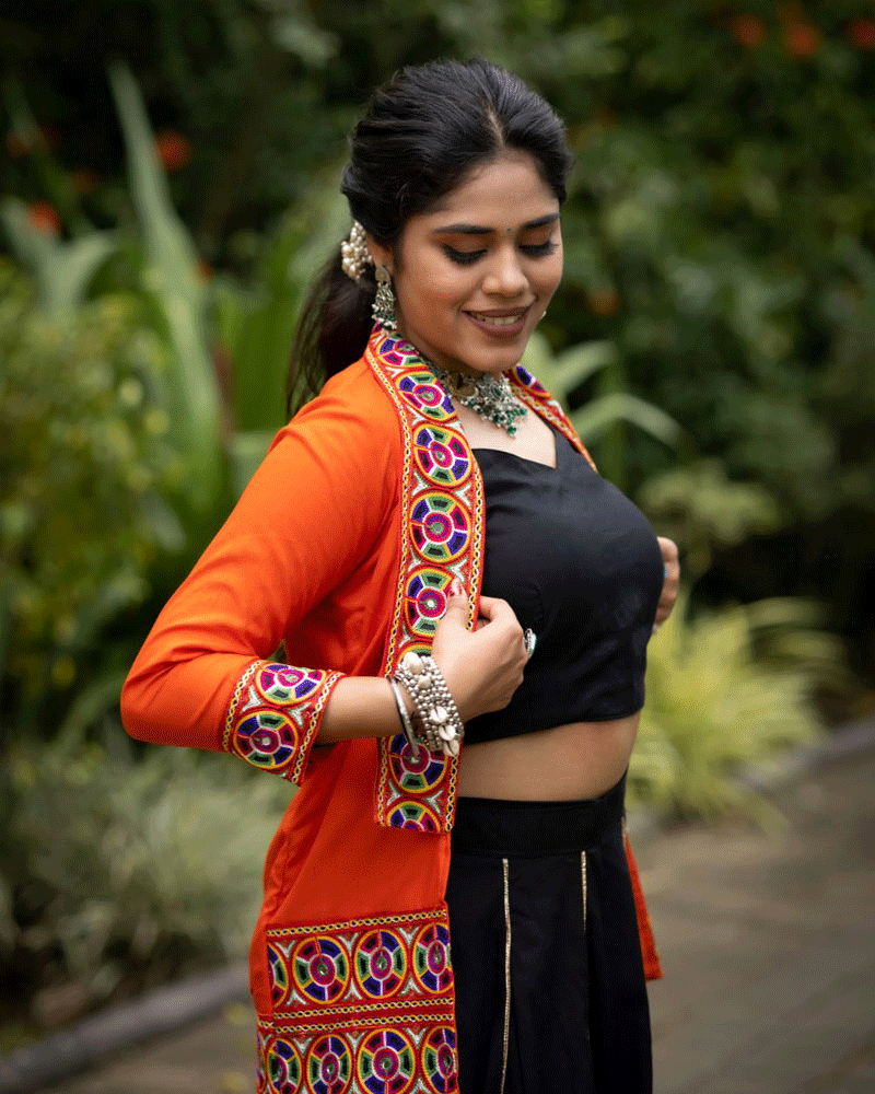 Black And Orange Color Rayon Cotton Navratri Lehenga Choli