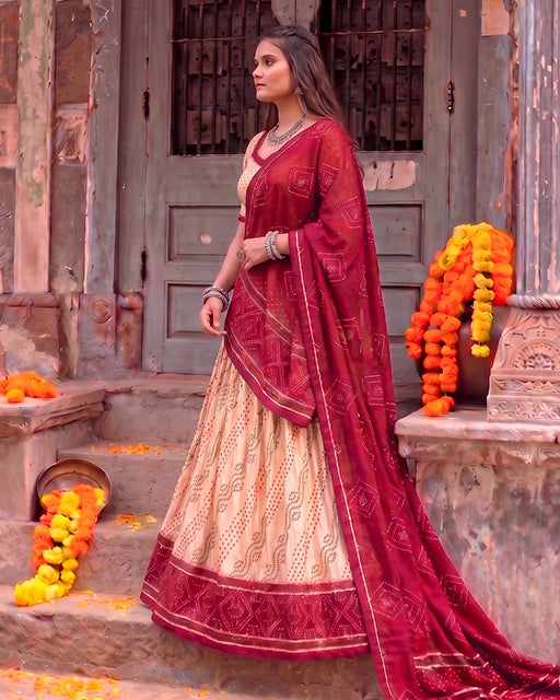 Off White Color Pure Tussar Silk Bandhani Print Navratri Lehenga Choli