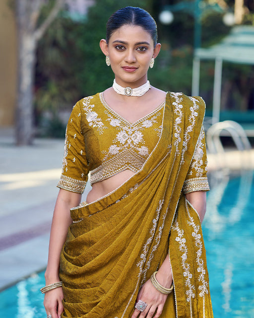 Mustard Yellow Color Rangoli Crush Embroidered Lehenga Choli