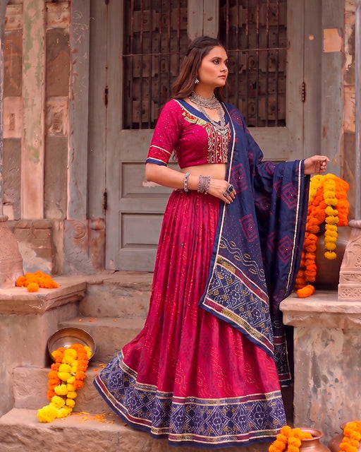 Pink Color Pure Tussar Silk Bandhani Print Navratri Lehenga Choli