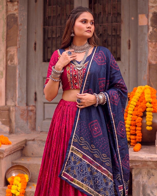 Pink Color Pure Tussar Silk Bandhani Print Navratri Lehenga Choli