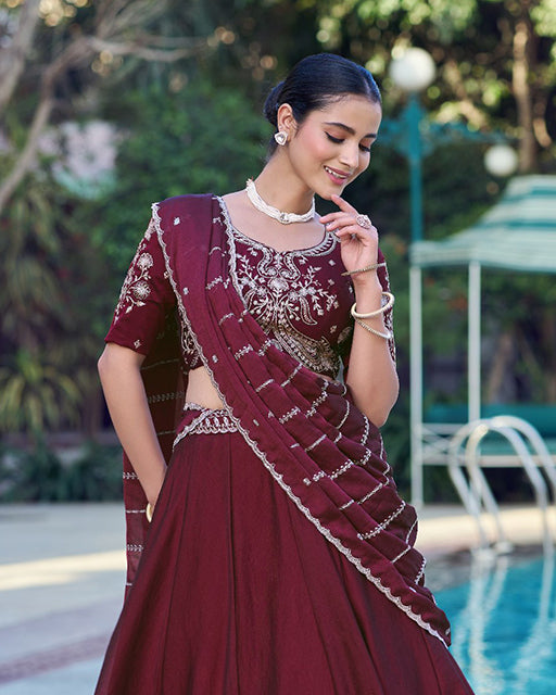 Wine Color Rangoli Crush Embroidered Lehenga Choli