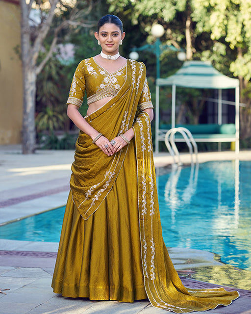 Mustard Yellow Color Rangoli Crush Embroidered Lehenga Choli