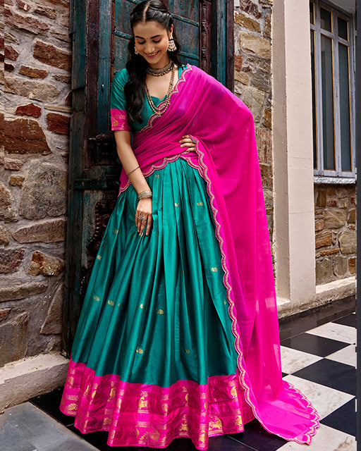 Teal Green Color Rich Cotton Zari Weaving Half Saree