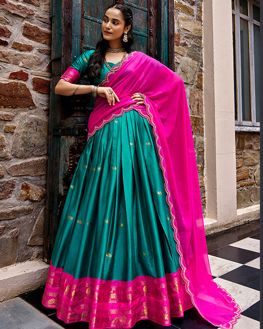 Teal Green Color Rich Cotton Zari Weaving Half Saree