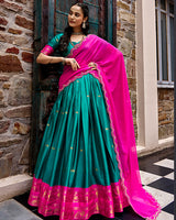 Teal Green Color Rich Cotton Zari Weaving Half Saree