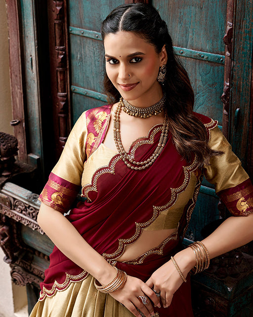 Cream Color Rich Cotton Zari Weaving Half Saree