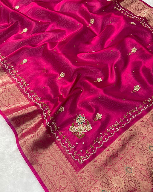 Rani Pink Color  Premium Banarasi Tissue Silk Saree