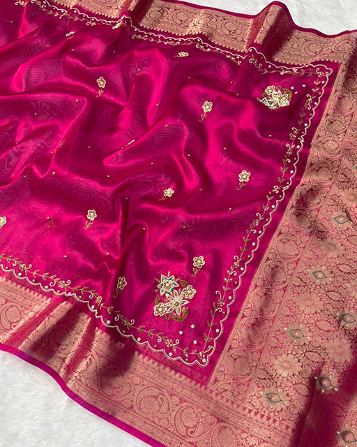 Rani Pink Color  Premium Banarasi Tissue Silk Saree