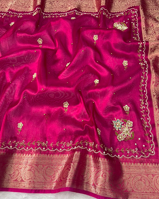 Rani Pink Color  Premium Banarasi Tissue Silk Saree