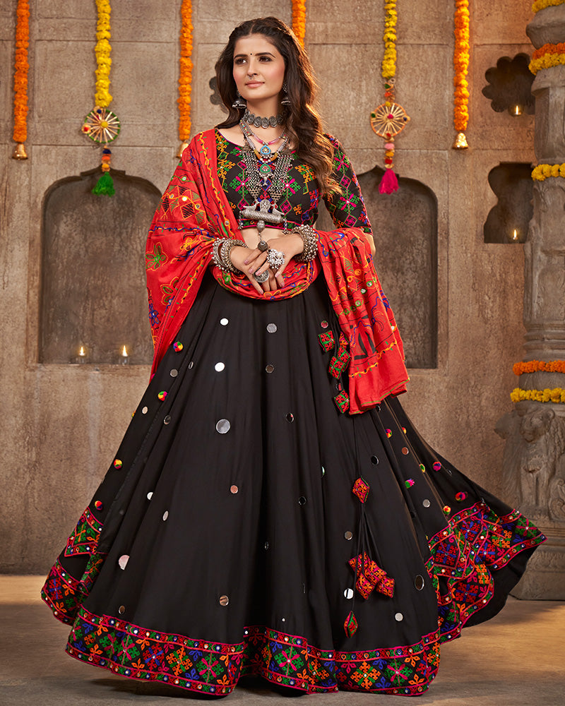 Black Color Viscose Rayon Thread With Mirror Work Navratri Lehenga Choli