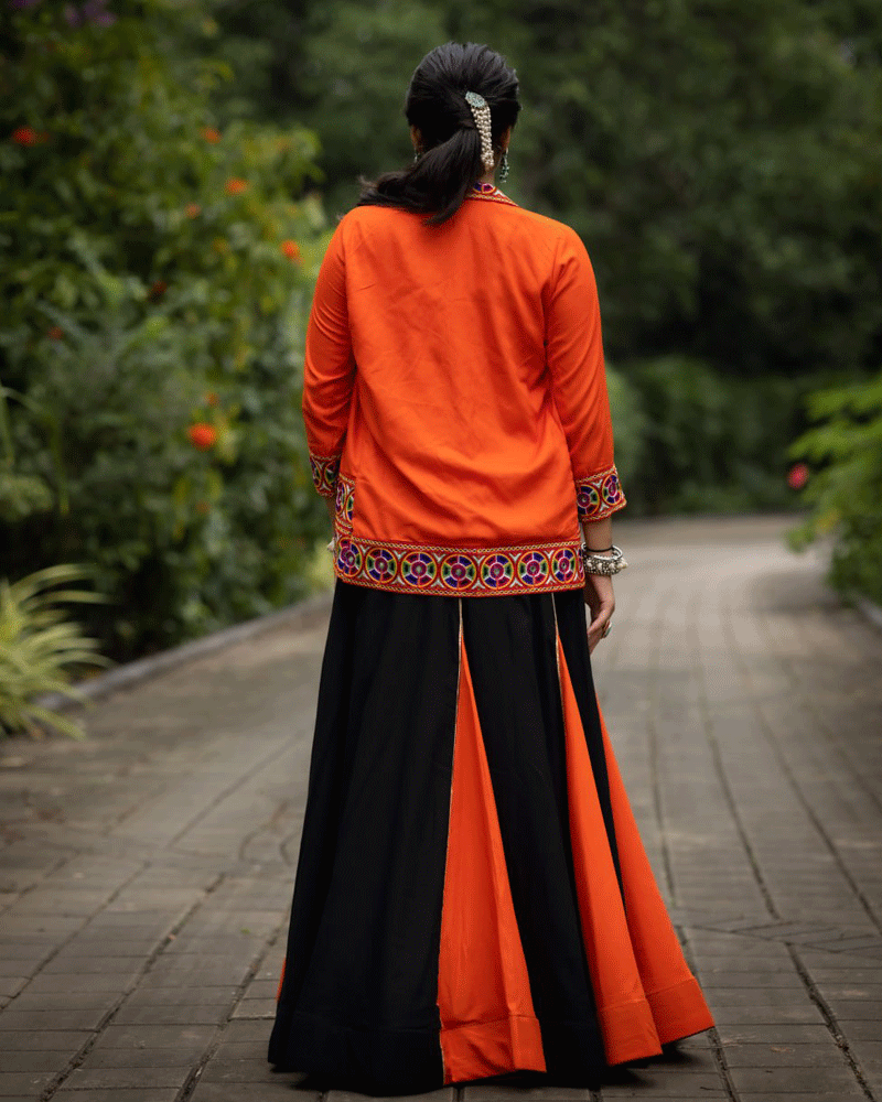 Black And Orange Color Rayon Cotton Navratri Lehenga Choli