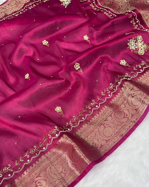 Rani Pink Color  Premium Banarasi Tissue Silk Saree