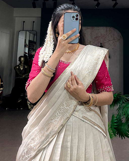 Off White Color Poly Kanjivaram Designer Half Saree