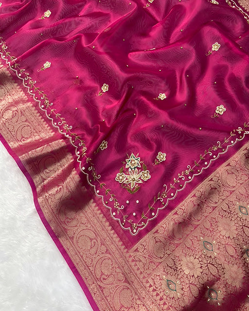 Rani Pink Color  Premium Banarasi Tissue Silk Saree