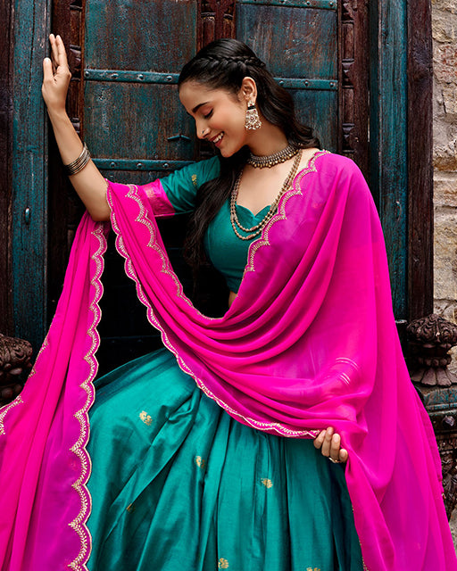 Teal Green Color Rich Cotton Zari Weaving Half Saree